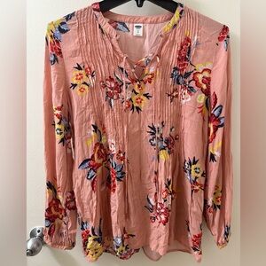 Old Navy Pink Floral Long Sleeve Blouse w Red Yellow & Blue Flowers, Like New